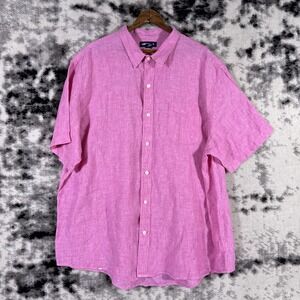Lands End 100% Linen Shirt Mens Size XL Hot Magenta Pink Short Sleeve Peasant